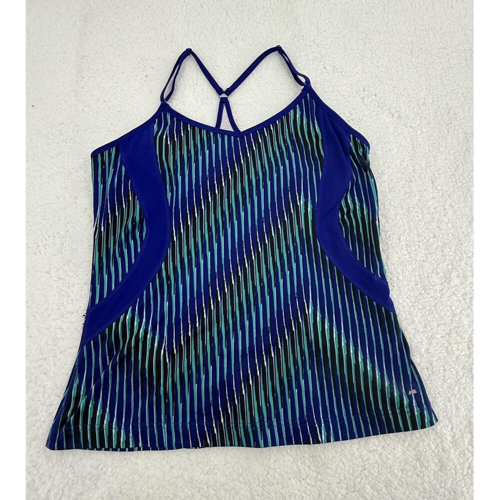Fila Blue Green Striped Spaghetti Strap Shelf Bra Racer Womens‎ Tank Top Large